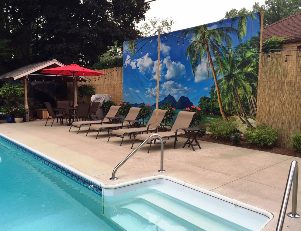 Electra Tarp Pool Fence Curtain with Palm Trees