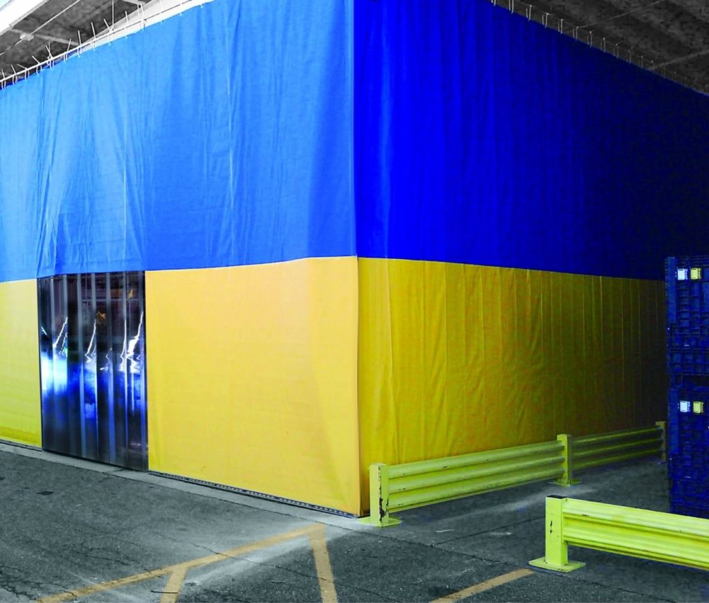 large blue and yellow curtain divider