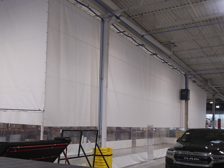 White industrial warehouse curtains with clear top