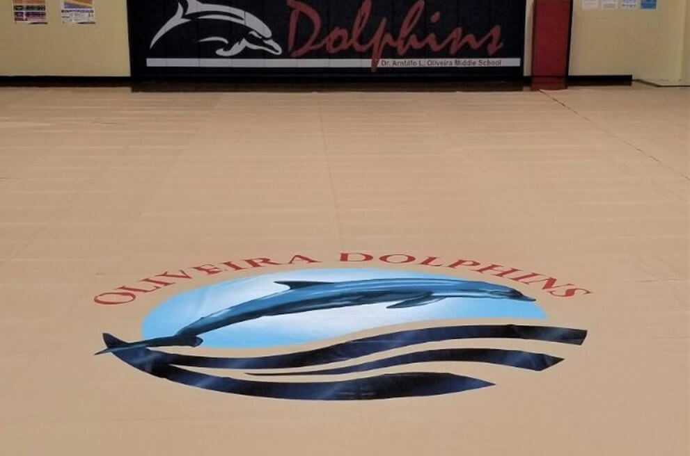 custom gym floor cover with logo printed on it